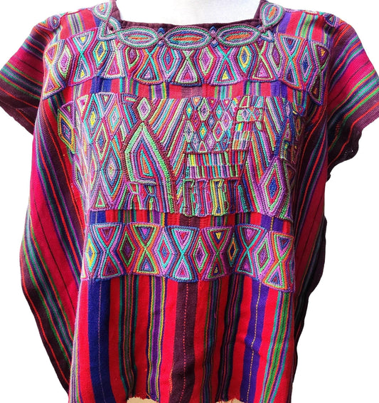 Vintage Guatemalan Unique Red Handmade Weaved Cotton -NEBAJ QUICHE Huipil- Birds HORSES and Geometric Patterns