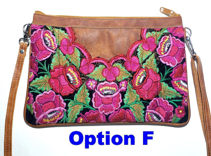 Aesthetic Woman Guatemalan Leather Huipil CROSSBODY Wristlet CLUTCH PURSE - 100% Cotton Lining Purse