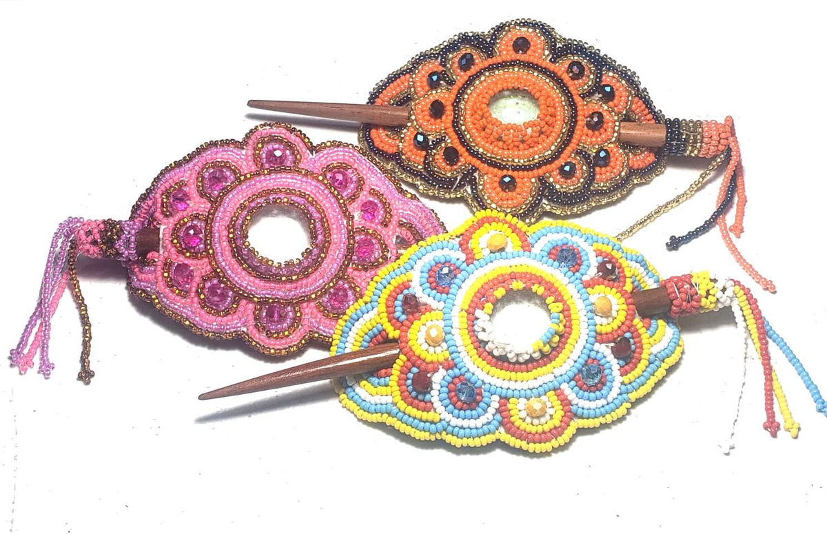 Czech Seed Bead Hair Clip Barrette: Guatemalan Leather & Wood