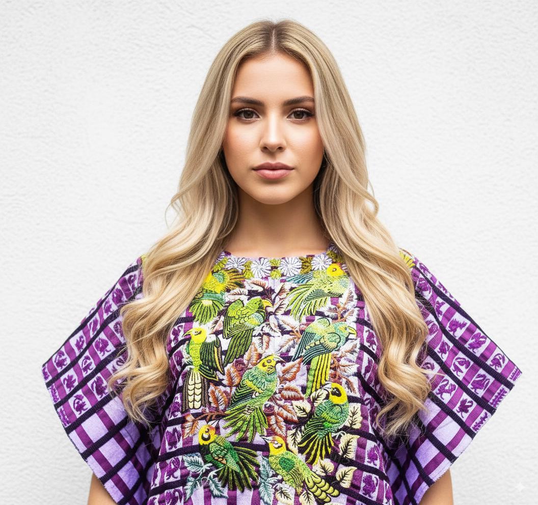 Vintage handmade embroidered Santiago ATITLAN huipil cotton wall decor tapestry -PARROT family-