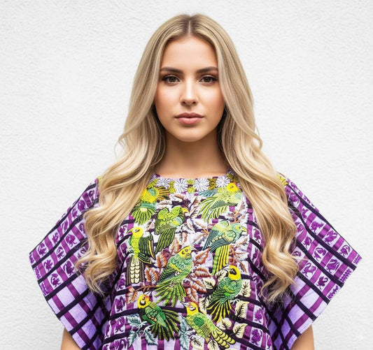 Vintage handmade embroidered Santiago ATITLAN huipil cotton wall decor tapestry -PARROT family-