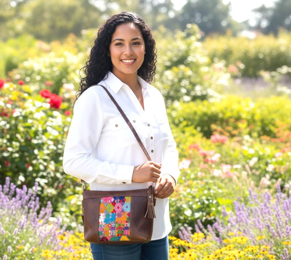 Aesthetic Woman Guatemalan Leather Huipil CROSSBODY Wristlet CLUTCH PURSE - 100% Cotton Lining Purse