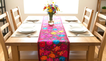Handmade Floral Embroidered Table RUNNER With Tassels - ZACUALPA-