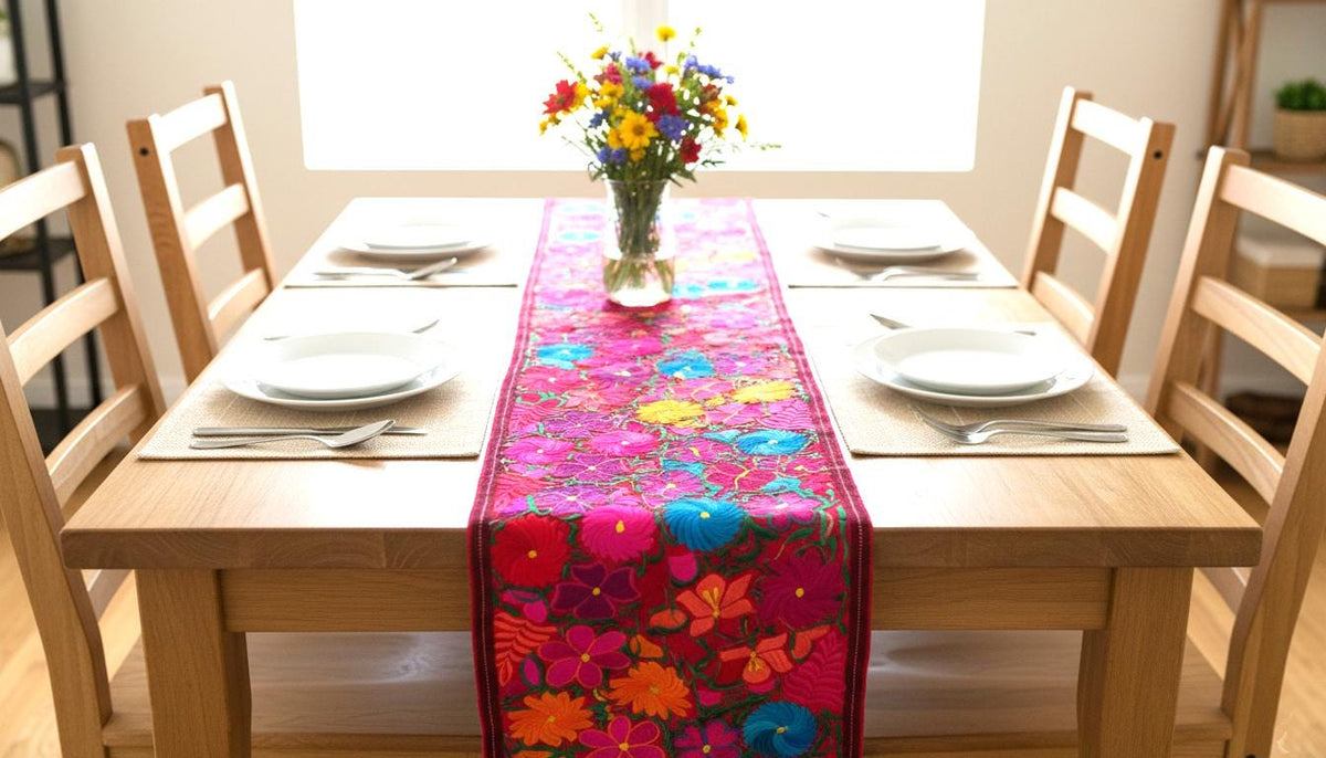 Handmade Floral Embroidered Table RUNNER With Tassels - ZACUALPA-