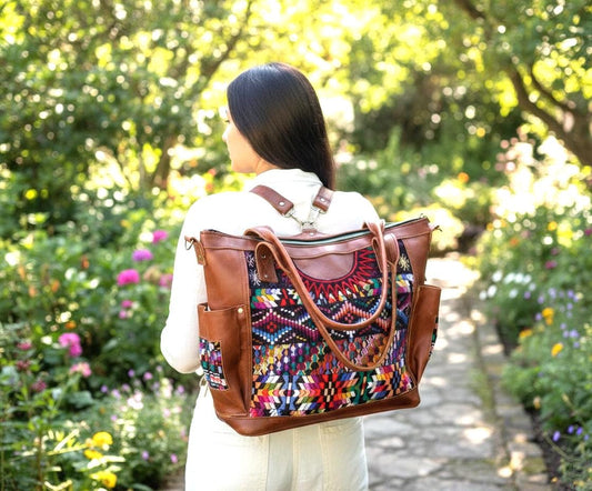 Custom Huipil Pattern Tan Genuine LEATHER CONVERTIBLE BACKPACK Bag - Aesthetic Full Grain Leather Handles cross body And Handbags