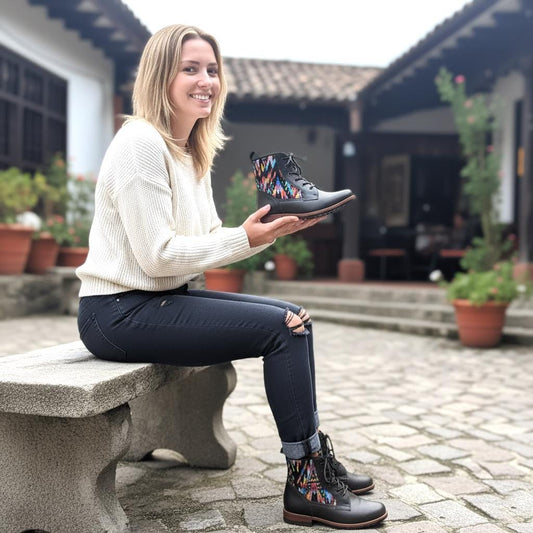 Custom Huipil Pattern GUATEMALAN Authentic LEATHER Lace Up BOOTS For Women - Geniune Leather & Rubber Outsole Zipper Shoes customizable