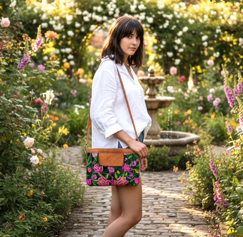 Guatemalan Leather Huipil Crossbody Clutch: Fair Trade Mayan Purse