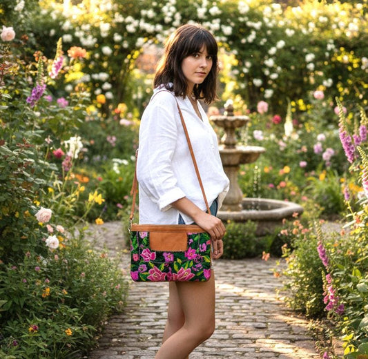 Guatemalan Leather Huipil Crossbody Clutch: Fair Trade Mayan Purse