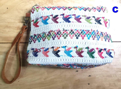 Guatemalan upcycled HUIPIL double sided COSMETIC PURSE leather wristlet