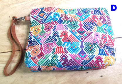 Guatemalan upcycled HUIPIL double sided COSMETIC PURSE leather wristlet