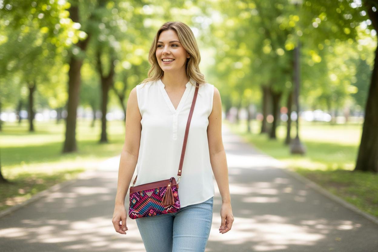 Aesthetic Woman Guatemalan Leather Huipil CROSSBODY Wristlet CLUTCH PURSE - 100% Cotton Lining Purse