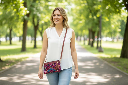 Aesthetic Woman Guatemalan Leather Huipil CROSSBODY Wristlet CLUTCH PURSE - 100% Cotton Lining Purse