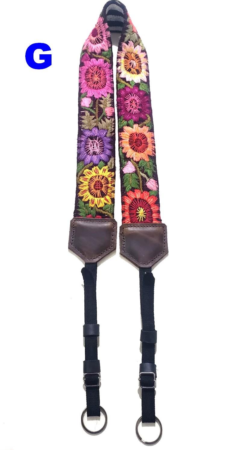 Guatemalan Handmade Adjustable Leather Embroidered Floral CAMERA STRAP