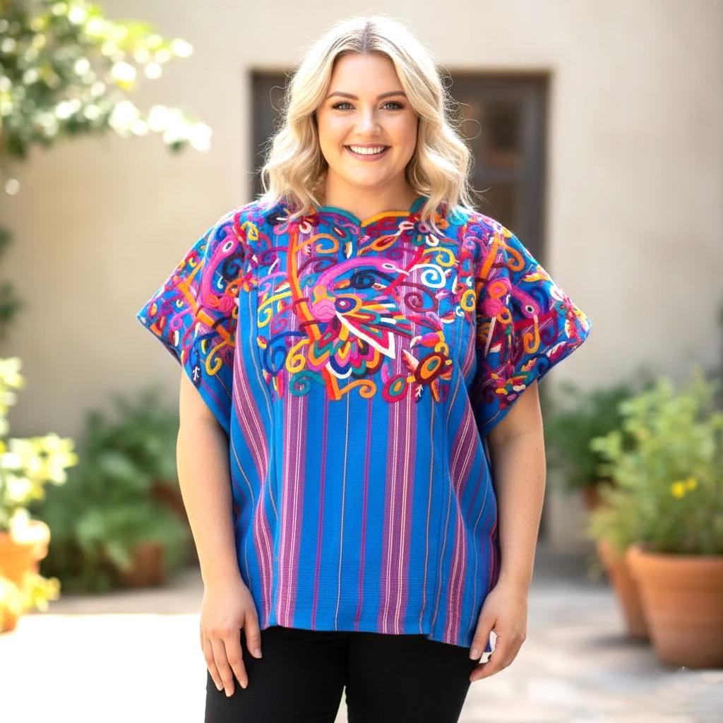 NEW Unique Guatemala Handmade Weaved BLUE Cotton Huipil "Mayan Chichi PEACOCKS"