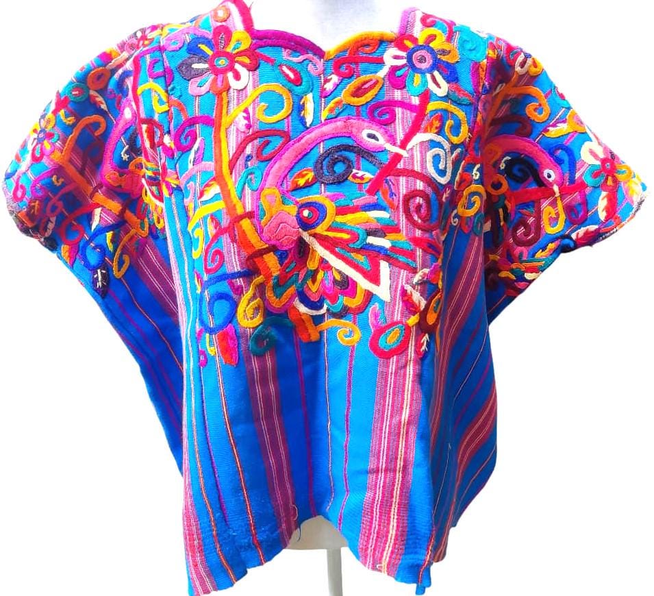 NEW Unique Guatemala Handmade Weaved BLUE Cotton Huipil "Mayan Chichi PEACOCKS"