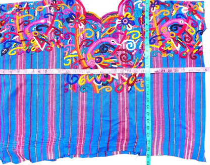 NEW Unique Guatemala Handmade Weaved BLUE Cotton Huipil "Mayan Chichi PEACOCKS"