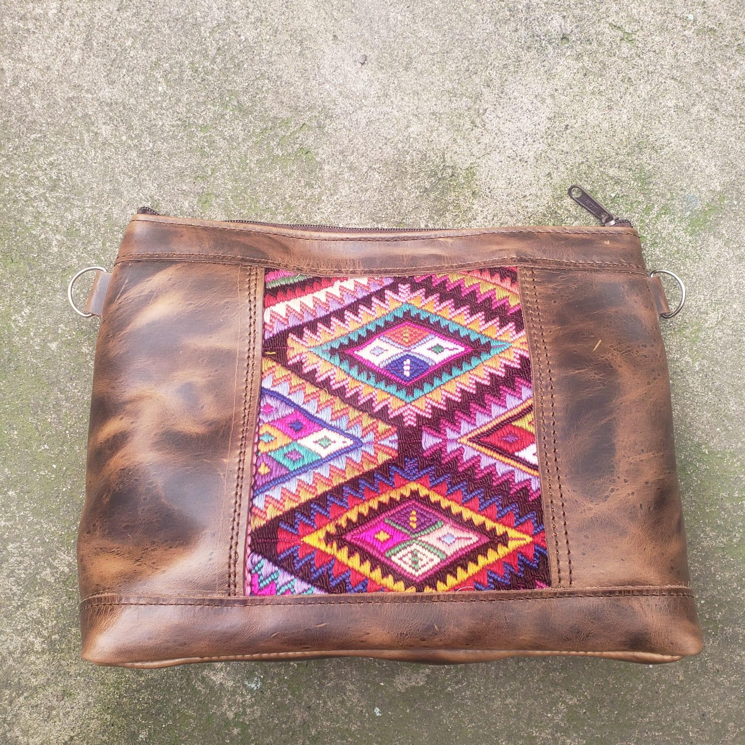 Handmade Leather CROSSBODY CLUTCH Guatemalan Huipil Bag