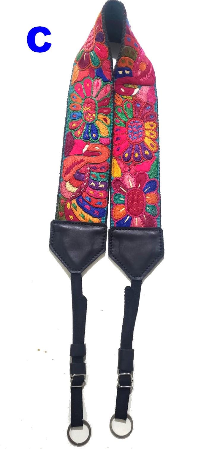 Guatemalan Handmade Adjustable Leather Embroidered Floral CAMERA STRAP
