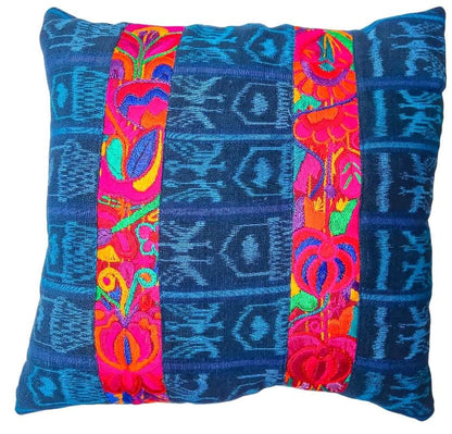 Guatemalan Hand-Embroidery - Floral- Pillow Case Cushion Cover 18x18 Indigo Red color
