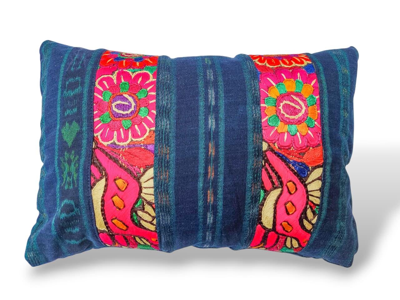 Guatemalan Hand-Embroidery - Floral- Pillow Case Cushion Cover 12x18 Indigo Red color