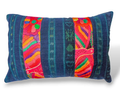 Guatemalan Hand-Embroidery - Floral- Pillow Case Cushion Cover 12x18 Indigo Red color
