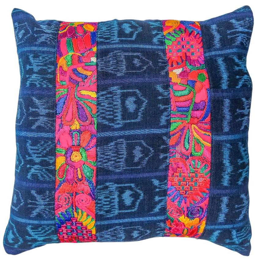Guatemalan Hand-Embroidery - Floral- Pillow Case Cushion Cover 18x18 Indigo Red color