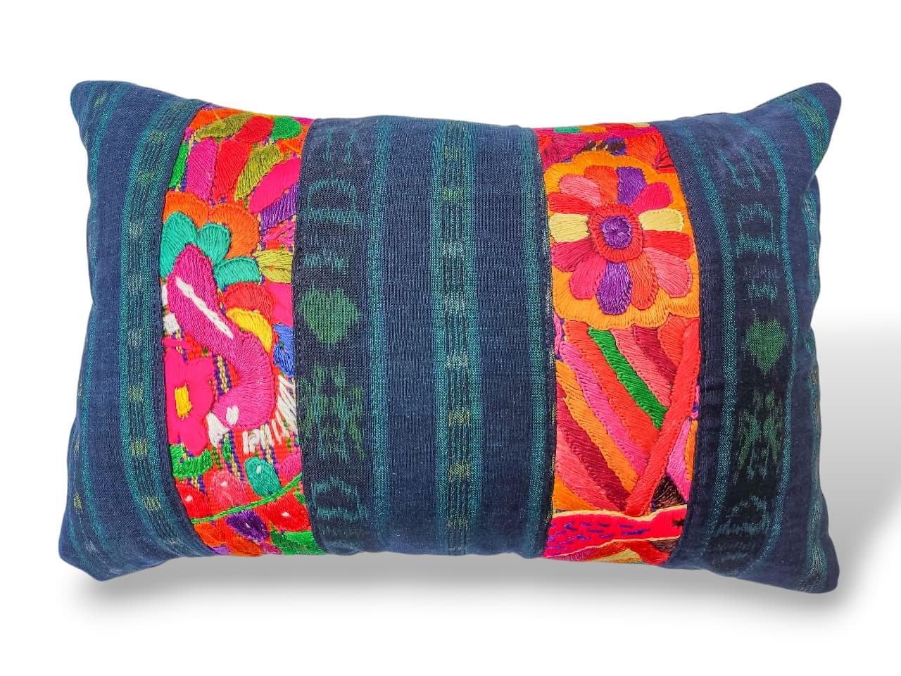 Guatemalan Hand-Embroidery - Floral- Pillow Case Cushion Cover 12x18 Indigo Red color