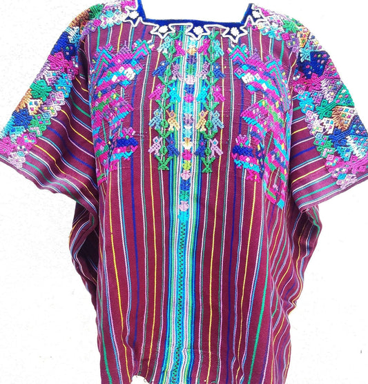 Vintage Guatemalan Unique Handmade Weaved Cotton BURGUNDY -Mayan HORSES and Ducks -Santo Domingo XENACOJ huipil-