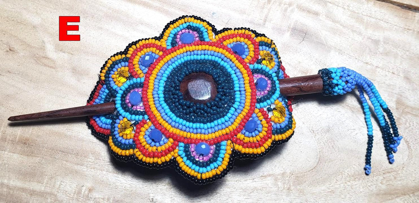 Czech Seed Bead Hair Clip Barrette: Guatemalan Leather & Wood
