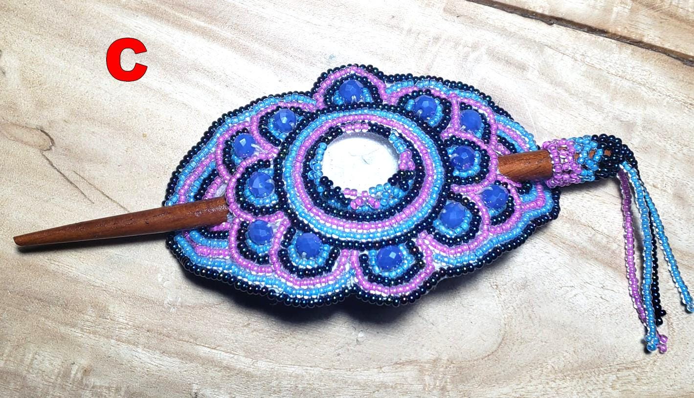 Czech Seed Bead Hair Clip Barrette: Guatemalan Leather & Wood