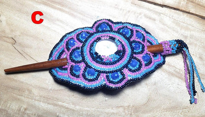 Czech Seed Bead Hair Clip Barrette: Guatemalan Leather & Wood