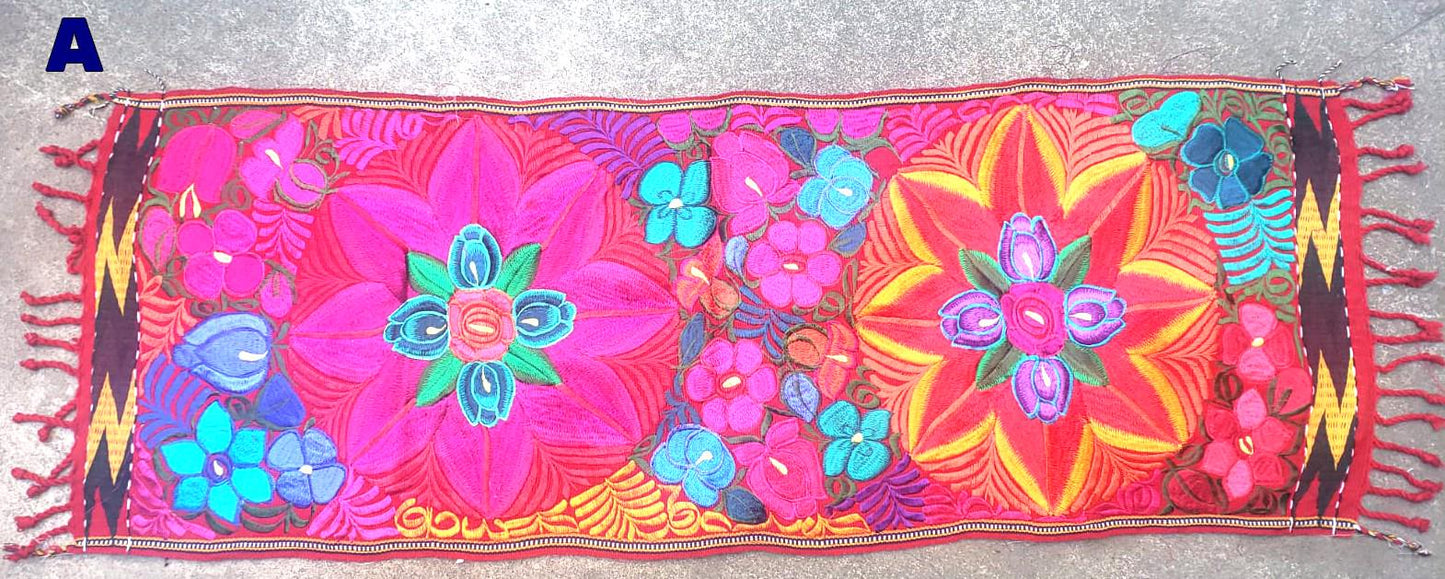 Handmade Floral Embroidered Table RUNNER With Tassels -ZACUALPA