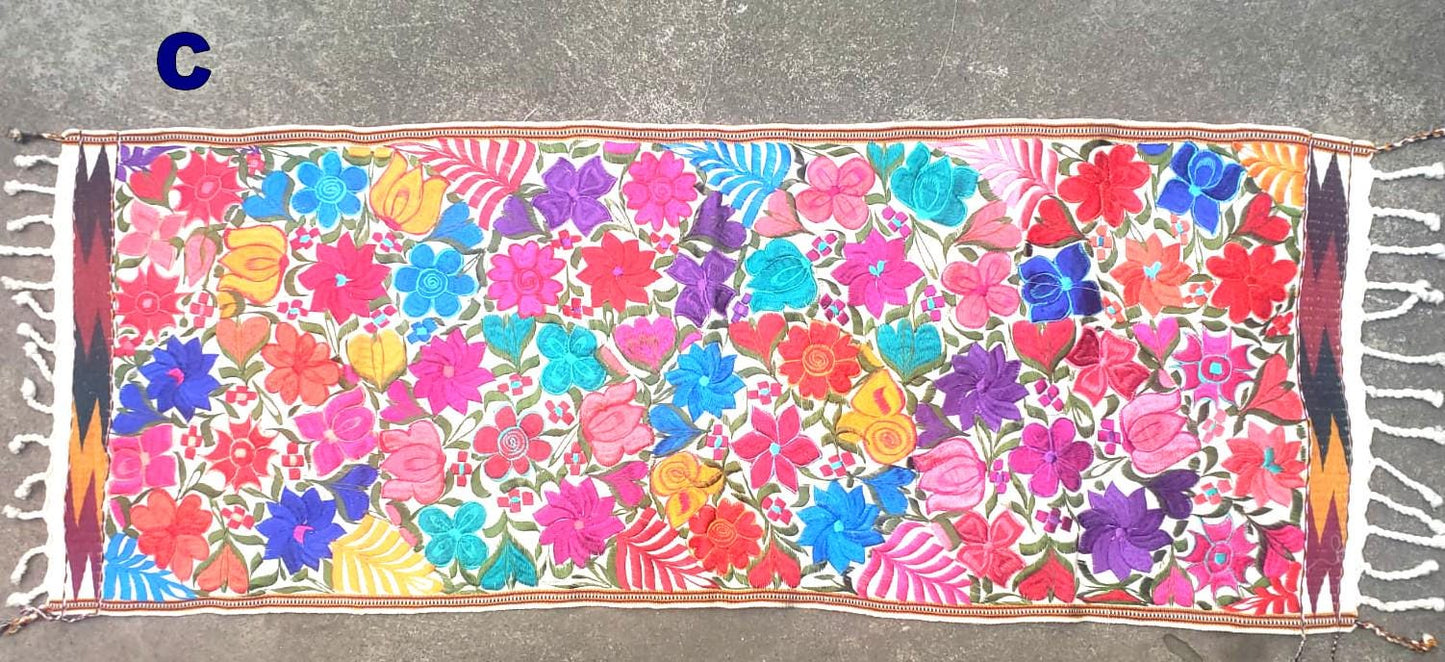Handmade Floral Embroidered Table RUNNER With Tassels -ZACUALPA