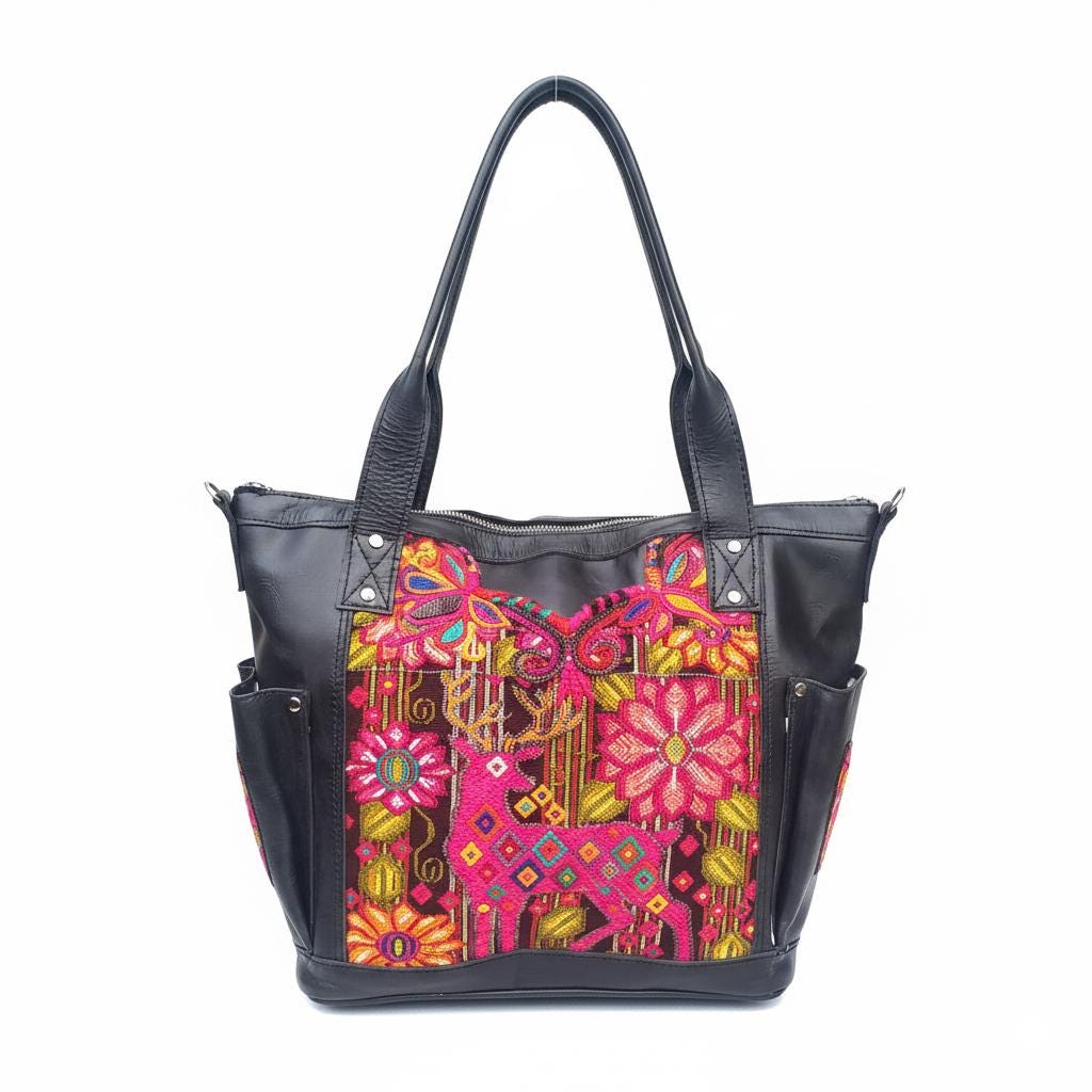 Huipil Pattern Black Genuine LEATHER CONVERTIBLE BACKPACK Bag - Aesthetic Full Grain Leather Handles cross body And Handbags