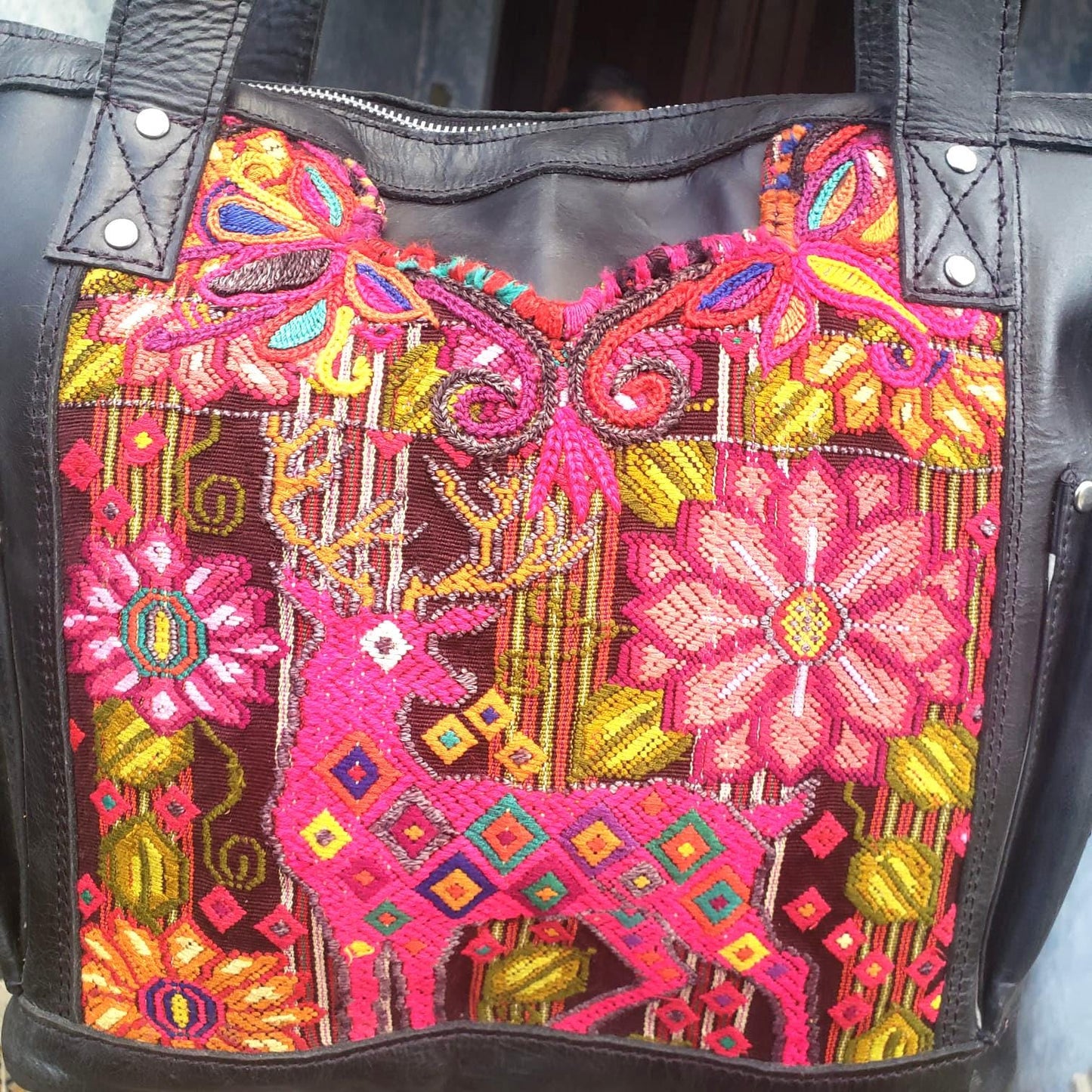 Huipil Leather Convertible BACKPACK, Guatemalan Crossbody Bag, DEER Pattern Purse