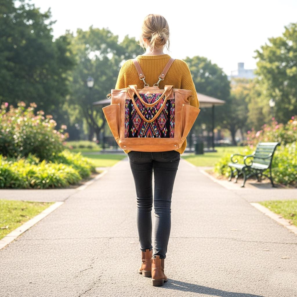Huipil Leather Convertible Backpack: Mayan Eagle Design, Adjustable Straps