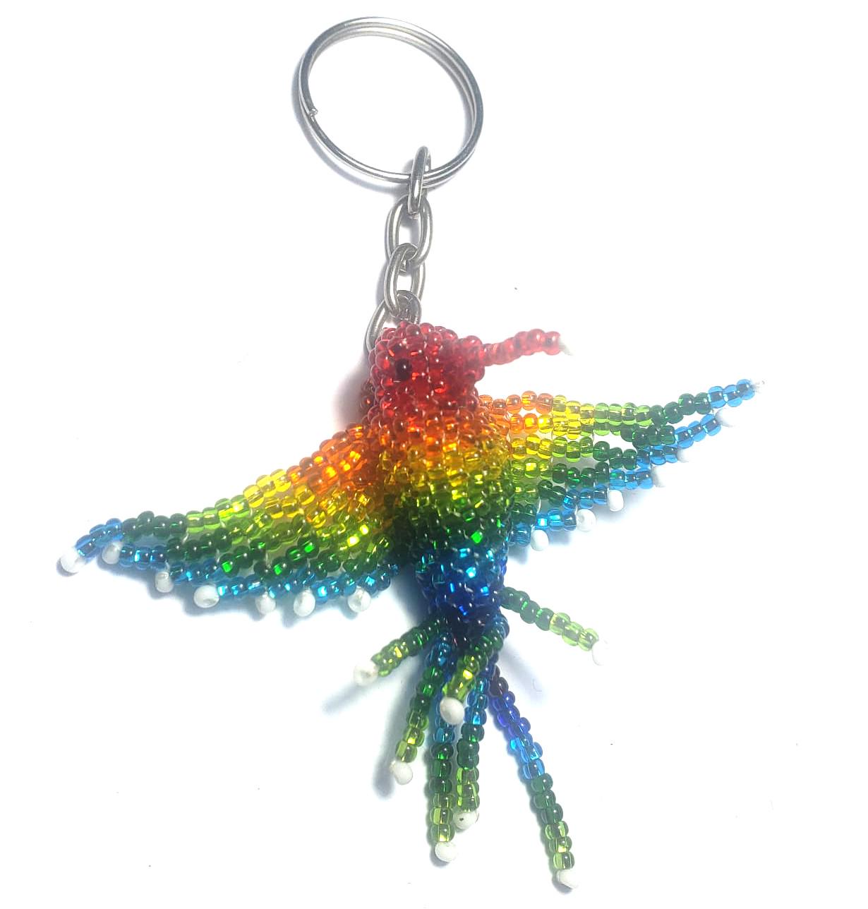 Beaded RAINBOW HUMMINGBIRD Key Ring, Czech Glass Bird Lover Gift