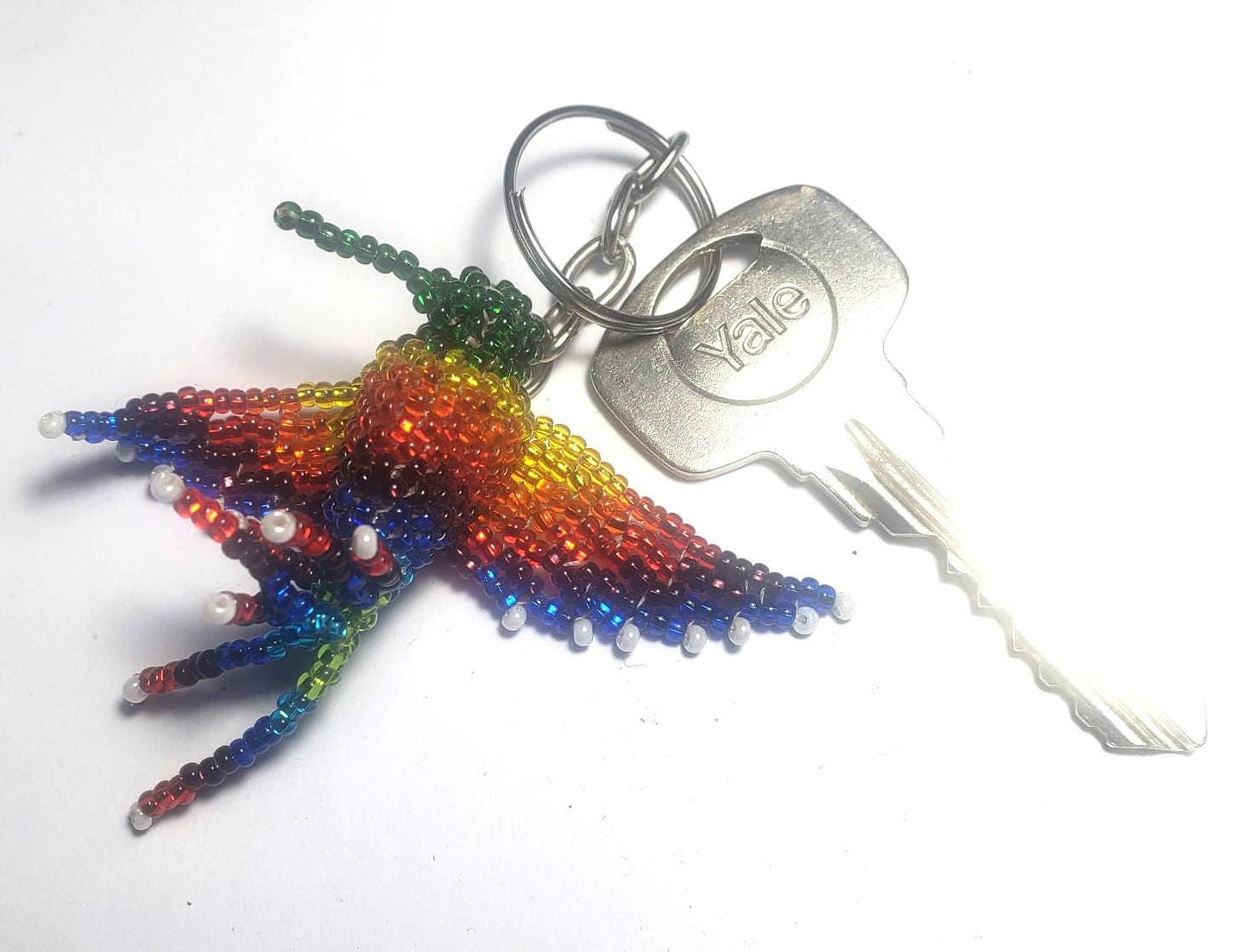 Beaded RAINBOW HUMMINGBIRD Key Ring, Czech Glass Bird Lover Gift
