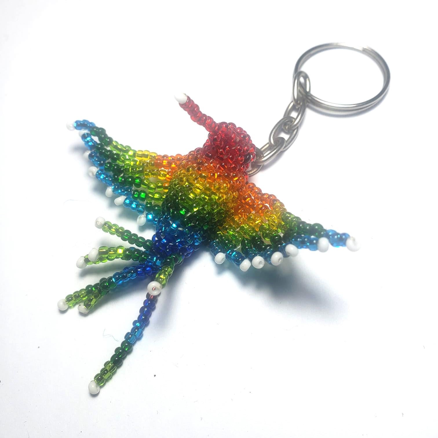 Beaded RAINBOW HUMMINGBIRD Key Ring, Czech Glass Bird Lover Gift