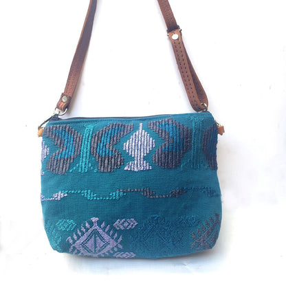 Guatemalan Upcycled HUIPIL Double Sided Bag, Leather Crossbody COSMETIC PURSE