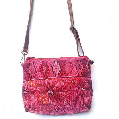 Guatemalan Upcycled HUIPIL Double Sided Bag, Leather Crossbody COSMETIC PURSE