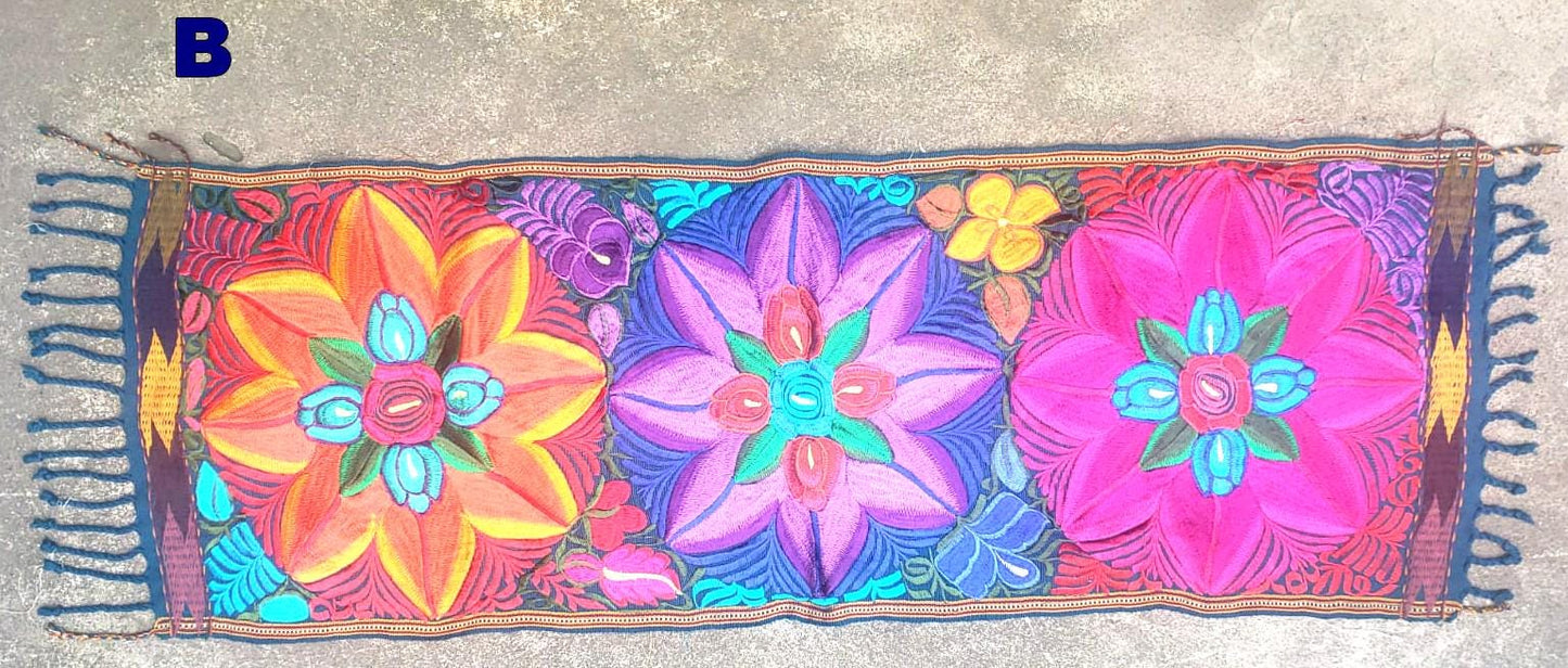 Handmade Floral Embroidered Table RUNNER With Tassels -ZACUALPA