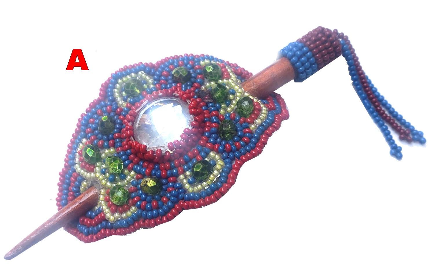 Czech Seed Bead Hair Clip Barrette: Guatemalan Leather & Wood