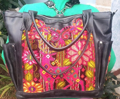 Huipil Pattern Black Genuine LEATHER CONVERTIBLE BACKPACK Bag - Aesthetic Full Grain Leather Handles cross body And Handbags