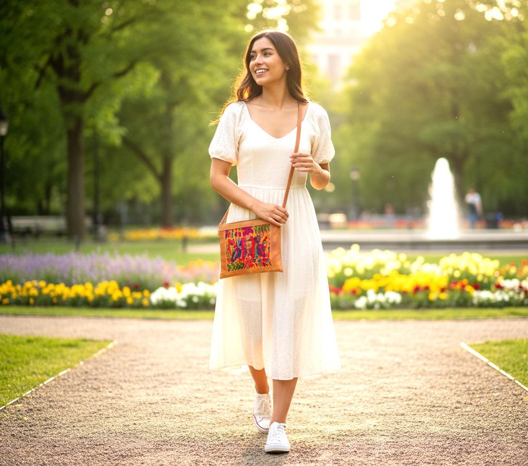 May include: A woman in a cream-colored dress and white sneakers walks on a path in a park. She carries a brown leather crossbody bag with a colorful embroidered design featuring birds and flowers. The background includes trees, flowers, and a fountain.