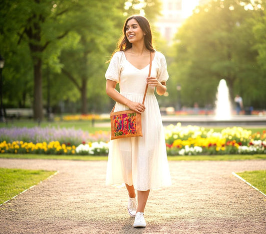 May include: A woman in a cream-colored dress and white sneakers walks on a path in a park. She carries a brown leather crossbody bag with a colorful embroidered design featuring birds and flowers. The background includes trees, flowers, and a fountain.