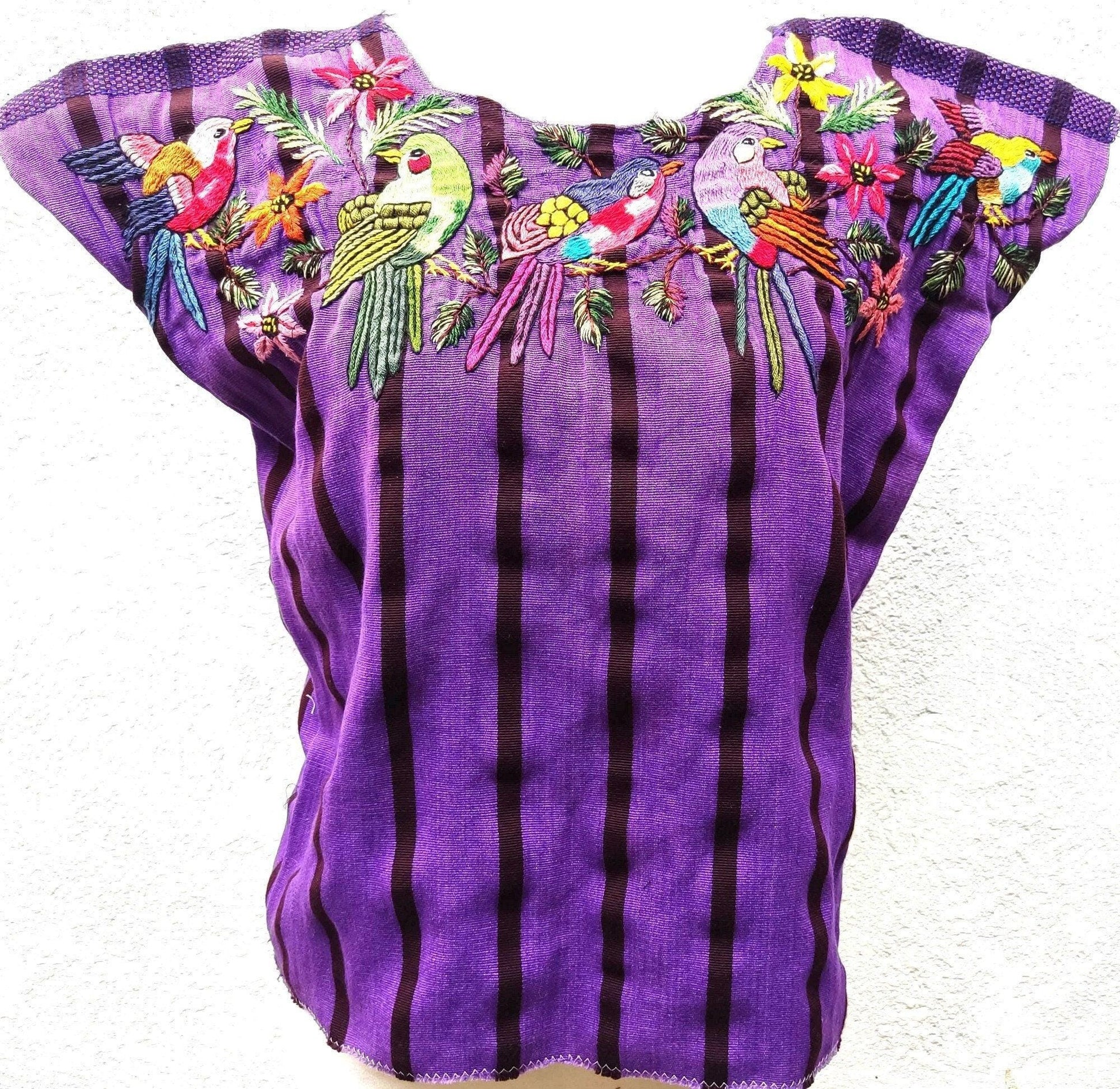 PETIT Vintage handmade embroidered Santiago Atitlan huipil cotton wall decor tapestry -Bird party-