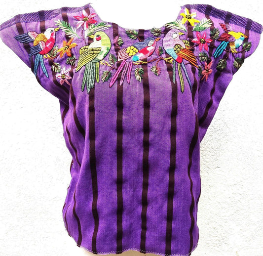 PETIT Vintage handmade embroidered Santiago Atitlan huipil cotton wall decor tapestry -Bird party-