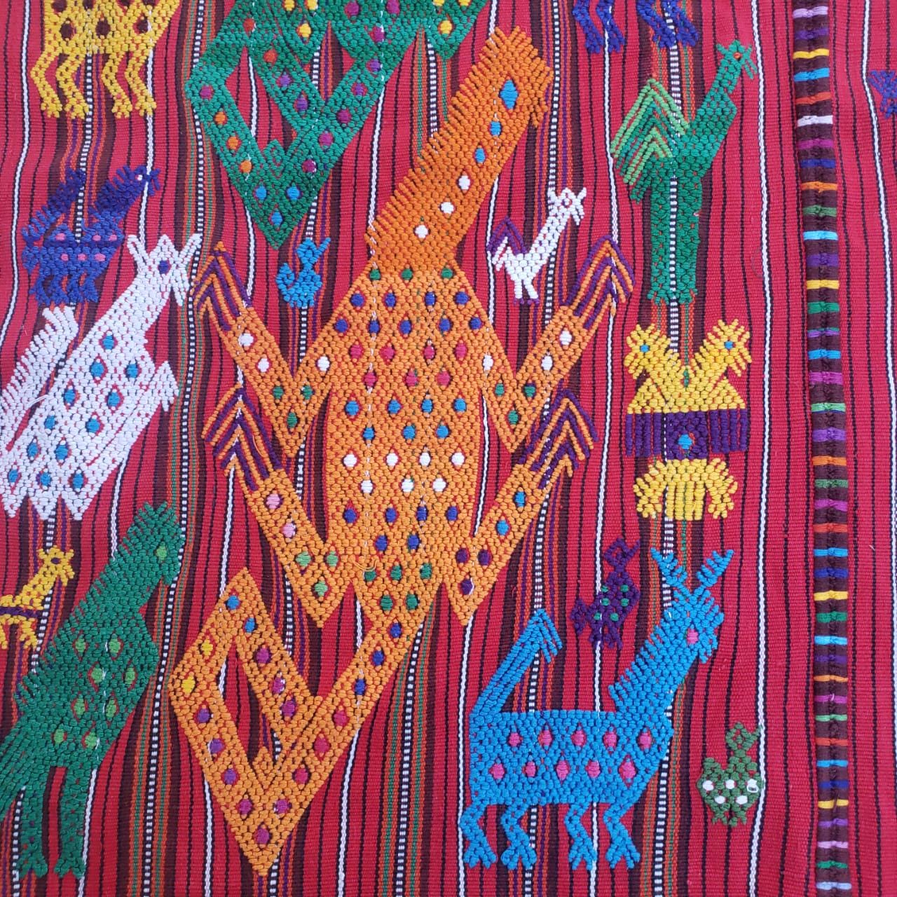 Guatemalan HORSES and LIZARDS TSUTE, Red Tablecloth - Chichicastenango Throw