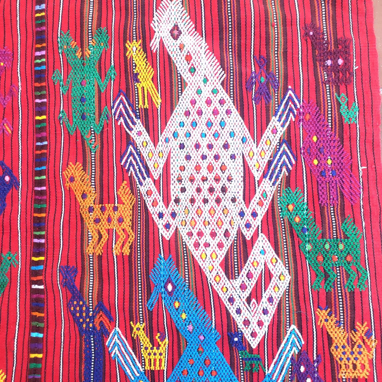 Guatemalan HORSES and LIZARDS TSUTE, Red Tablecloth - Chichicastenango Throw